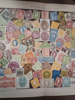 German engraving used, colored late 1800s with stamps