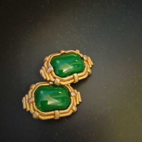 Vintage clip earrings used, green stone, 2 pairs