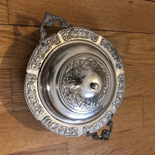 Antique Silver-Colored Covered Bowl used, decorative with embossed designs