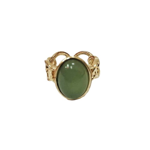 Vintage style ring with natural jade, new, gold plated metal