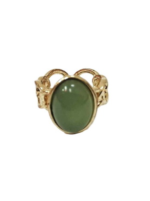 Vintage style ring with natural jade, new, gold plated metal