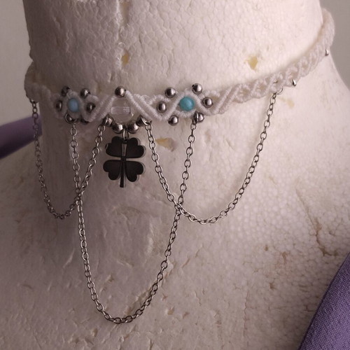 Handmade choker with steel elements, new, 32-37cm, white and silver