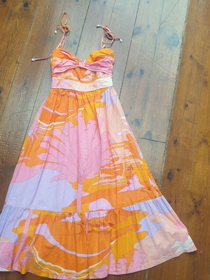 Karavan dress with shell straps and belt, purple and orange, size S