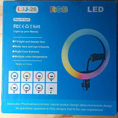 Led ring light with phone holder used, remote control and RGB lighting