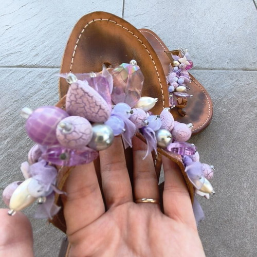 Leather sandals with beads used, purple, size 39