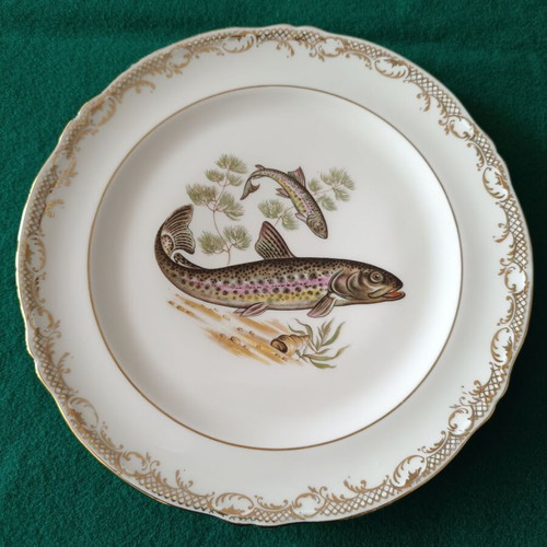 Limoges vintage plates with freshwater fish decoration, like new, set of 5
