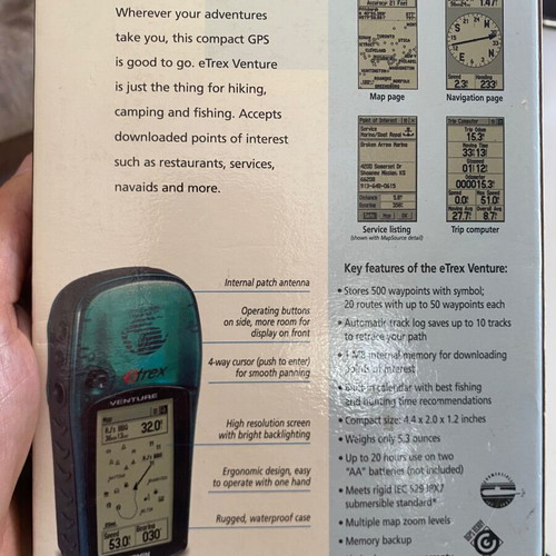 Garmin eTrex Venture GPS used with box and accessories
