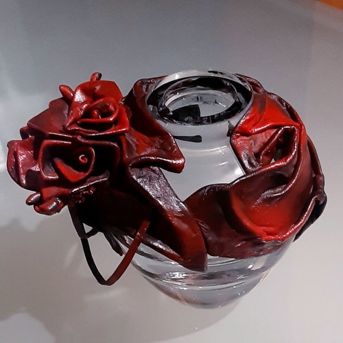 Handmade vintage blown glass vase with genuine leather decoration, new