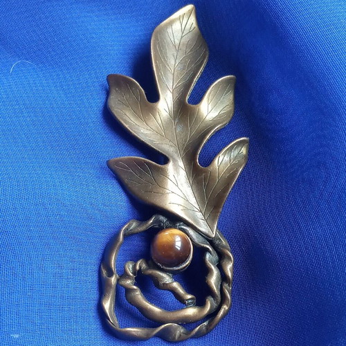 Vintage lapel pin used, brass with tiger's eye stone