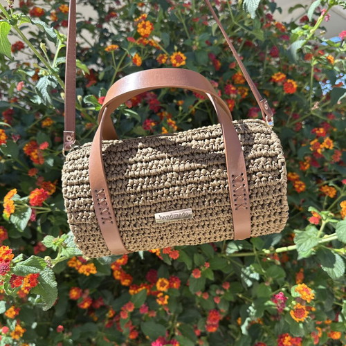 Handmade Raffia Barrel Bag with Tan PU Leather Details, Crossbody