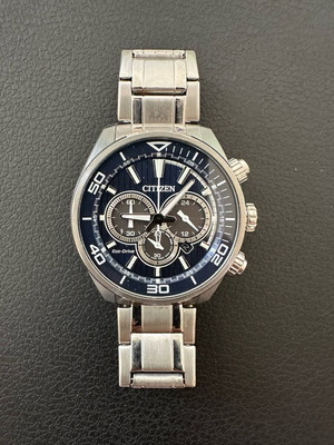Citizen Sports Chrono CA4330-81L watch used, Eco-Drive, blue and silver