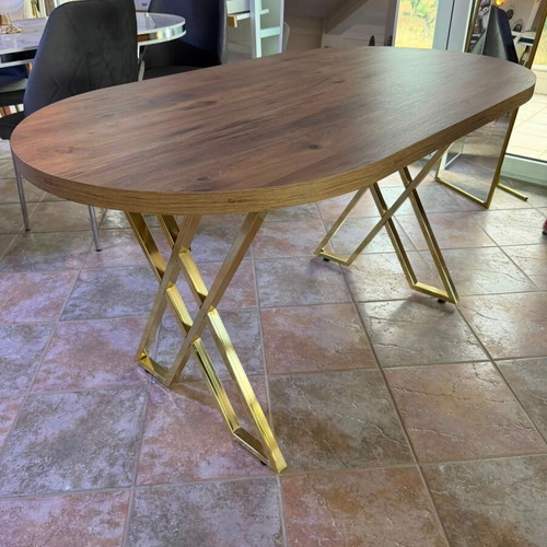 Dining table with walnut surface and gold metal legs 140x80x75 cm