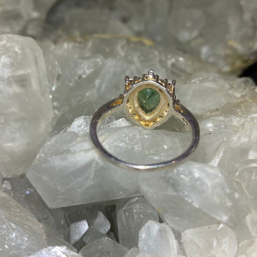 Silver ring with natural green tourmaline and moissanite