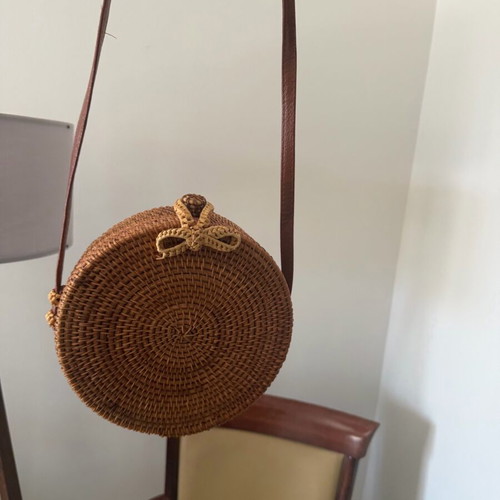 Bamboo round straw bag crossbody like new, brown