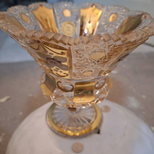 Bohemia Crystal handmade cut glass footed bowl with gold decoration