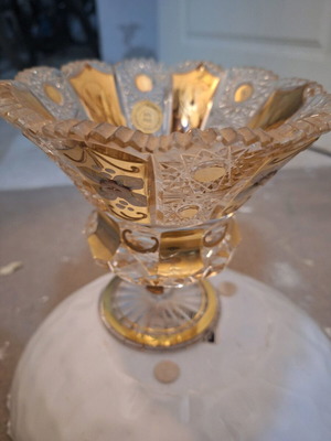 Bohemia Crystal handmade cut glass footed bowl with gold decoration