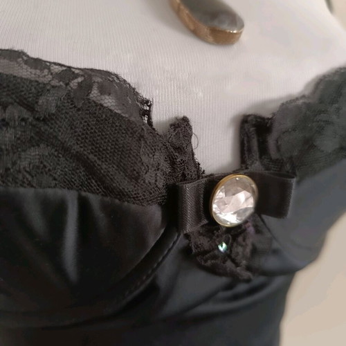 Black satin bodysuit with lace and bow, like new