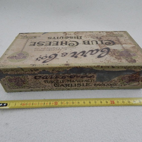 Old metal box used with paper label from England