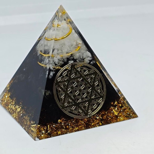 Orgonite pyramid with black tourmaline, quartz and Flower of Life symbol like new