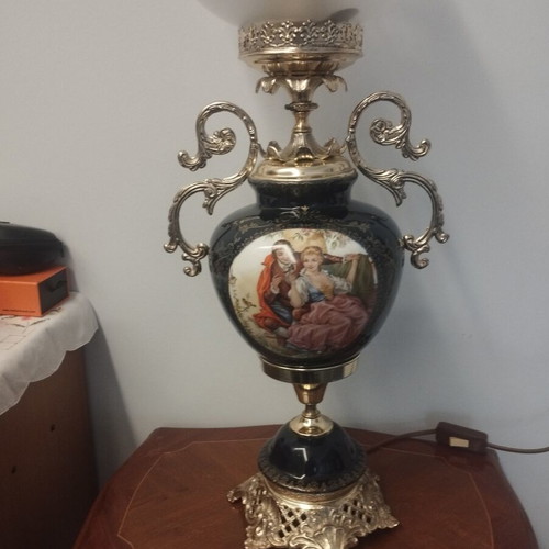 Vintage porcelain and bronze table lamp cobalt blue used
