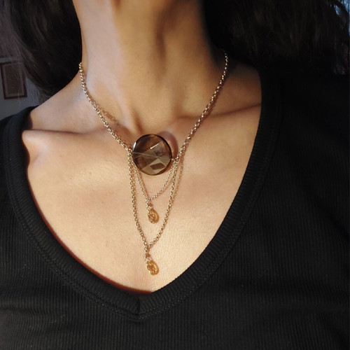 Handmade Necklace with 925 Silver Chains and Smoky Quartz Swarovski Drops