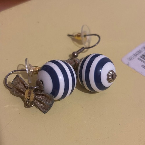Navy striped earrings used, white and blue with decorative iron ribbon