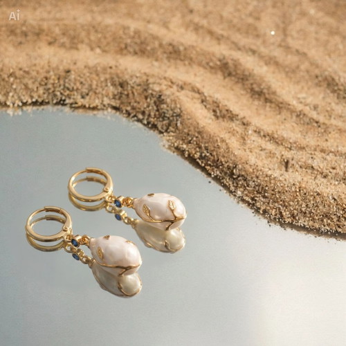 Designer Gold Drop Earrings with Pearl Effect and Blue Crystal, New