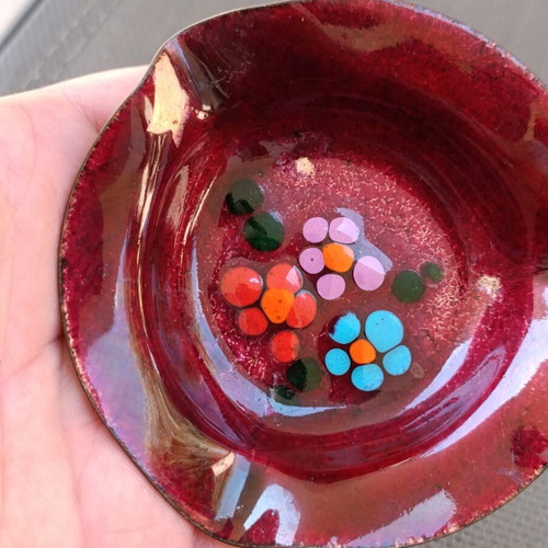 Vintage copper ashtray decorated with hand enamel