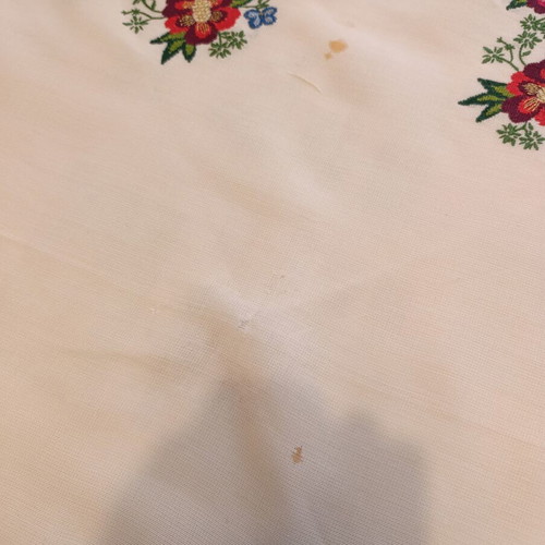 Hand-Embroidered Round Tablecloth with Handmade Lace used
