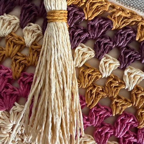 Monsoon crochet clutch bag new, beige and purple
