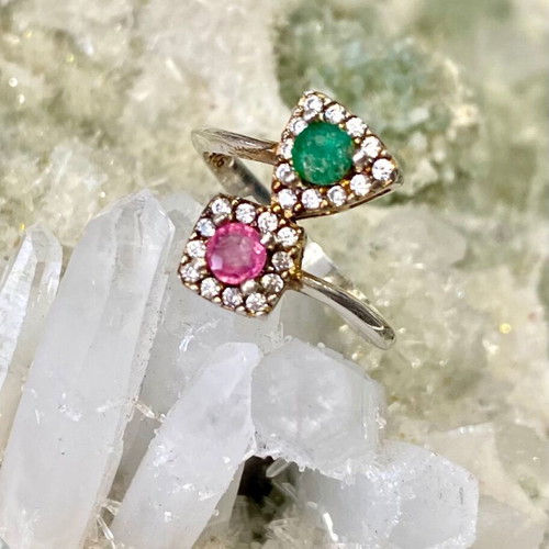 Handmade silver ring with natural pink tourmaline, emerald and moissanite