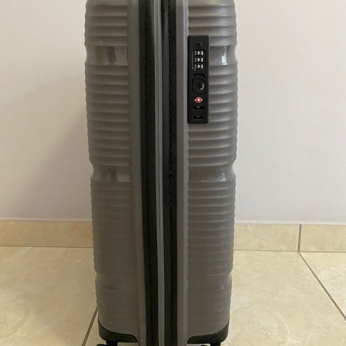 Saxoline cabin suitcase used, gray, hard shell with 4 wheels