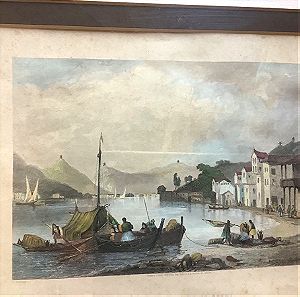 1827  Λιμάνι Βαθύ Ιθάκη σε κάδρο χαλκογραφία επιχρωματισμένη 37x32cm