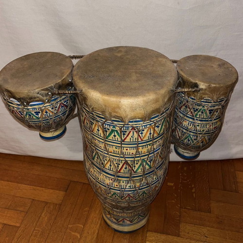 Handmade clay bongo with leather used, from Maghreb