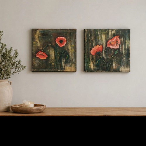 Set of 2 small poppy paintings new, canvas 20x20 cm