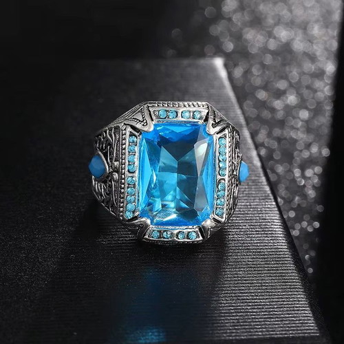 Men's ring with blue zircon new, silver plating, vintage style