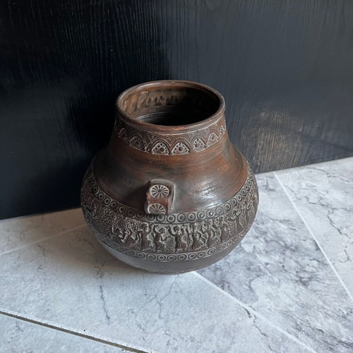 Decorative clay vase with embossed design, 20 cm, Greek made
