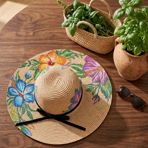 Handmade hat painted with hibiscus flowers, beige, size 63