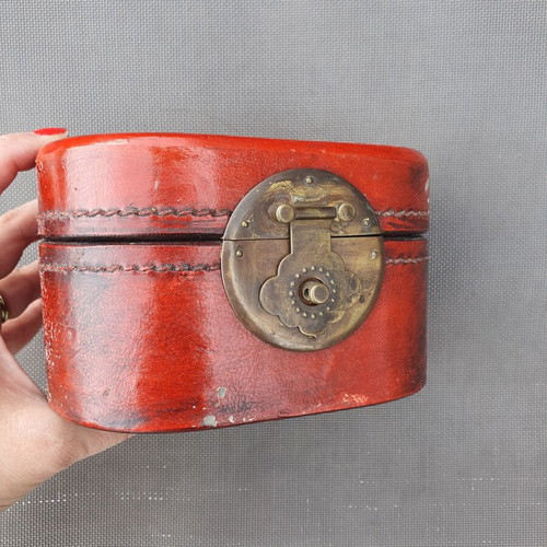 Vintage Chinese Red Lacquered Leather Box with Gilded Dragon and Phoenix