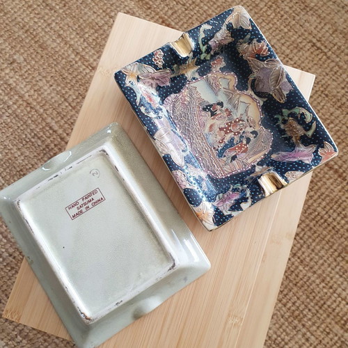 Authentic Japanese Satsuma ashtrays used, hand-painted