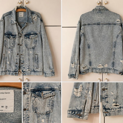 Bershka Denim Acid Wash Distressed Jacket M like new, light blue