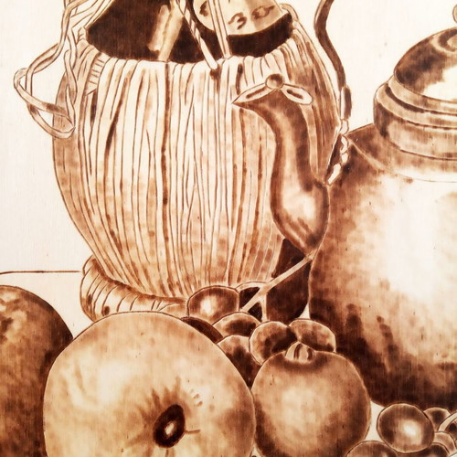 Still life pyrography painting on linden wood by Triantafyllos Xanthopoulos