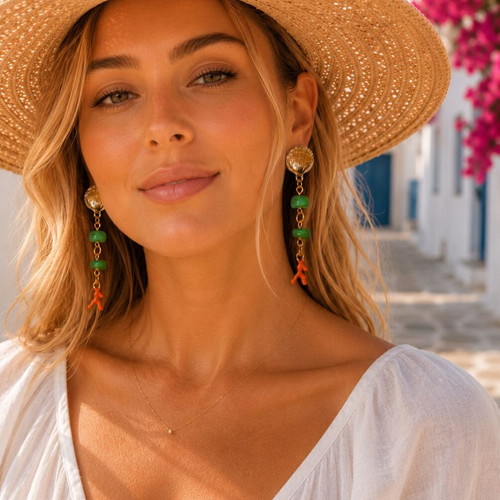 Handmade Long Earrings with Metal Shell, Coral Beads, and Steel Studs