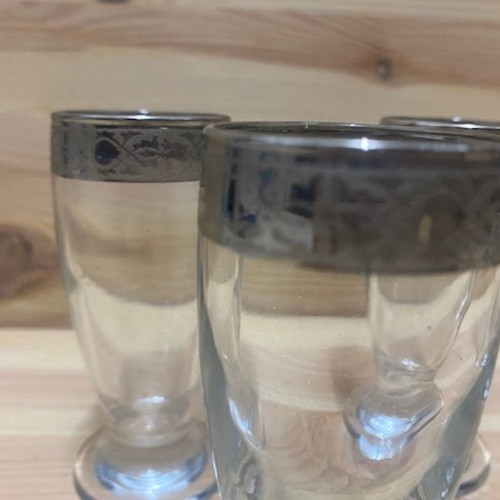 Crystal glasses like new, set of 5, with silver decorative rim