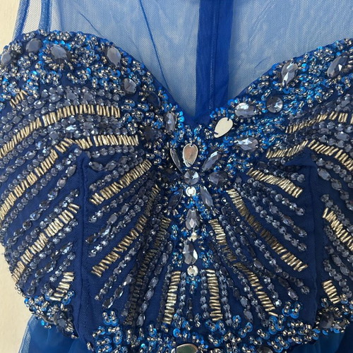 Evening mini dress with beads and transparency like new, blue