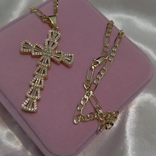 Byzantine cross with chain steel gold plated new