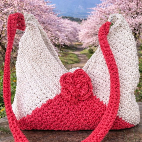 Sakura Bloom handmade knitted shoulder bag new, white and red