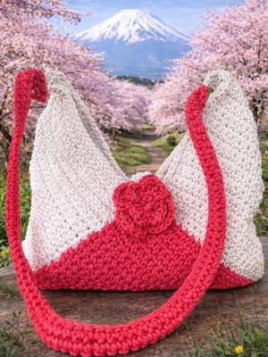 Sakura Bloom χειροποίητη πλεκτή τσάντα ώμου καινούργια, άσπρη και κόκκινη