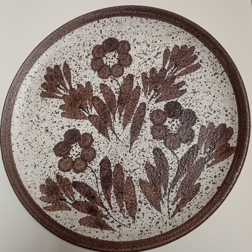 Large Vintage Textured Ceramic Wall Plate, Rustic Floral Design