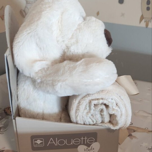 Fleece baby cuddle blanket with plush puppy 75x90 beige